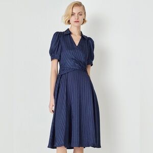 MARYLING MIDNIGHT
BLUE V-NECK
UMBRELLA HEM STRIPED DRESS